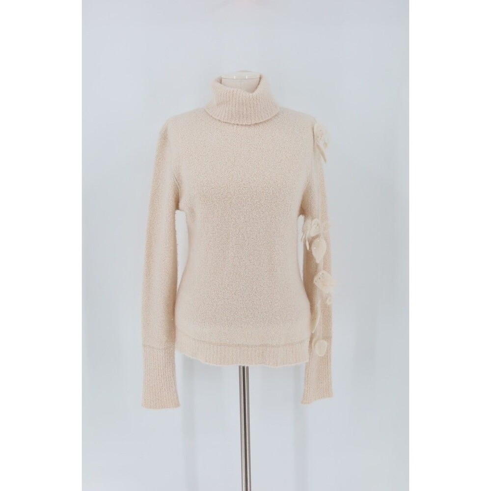 ESCADA Women Ivory Size 40/M Silk & Cashmere Turtleneck Floral Accent Sweater